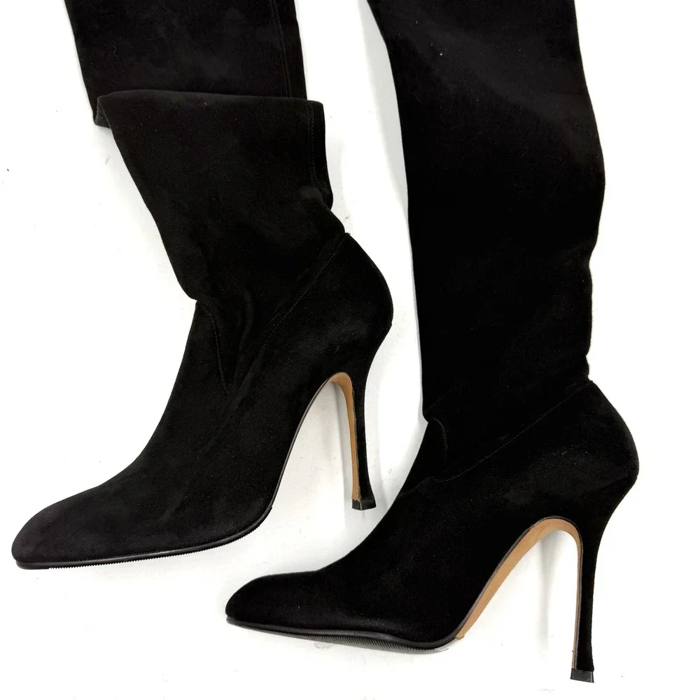 Manolo Blahnik Lape Thigh High Boots Black Suede Laser Cut Over the Knee 36 / 6